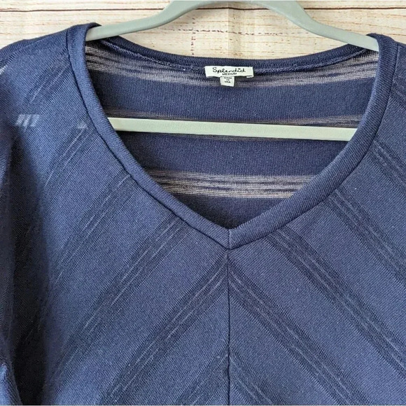 Splendid Size Medium Blue Sheer Knit Blouse Stripe V-Neck Career Top - Picture 2 of 10